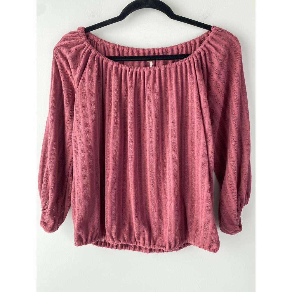 Free People Delicate Off Shoulder Top S Burgundy Balloon Sleeve Boho Dainty Knit